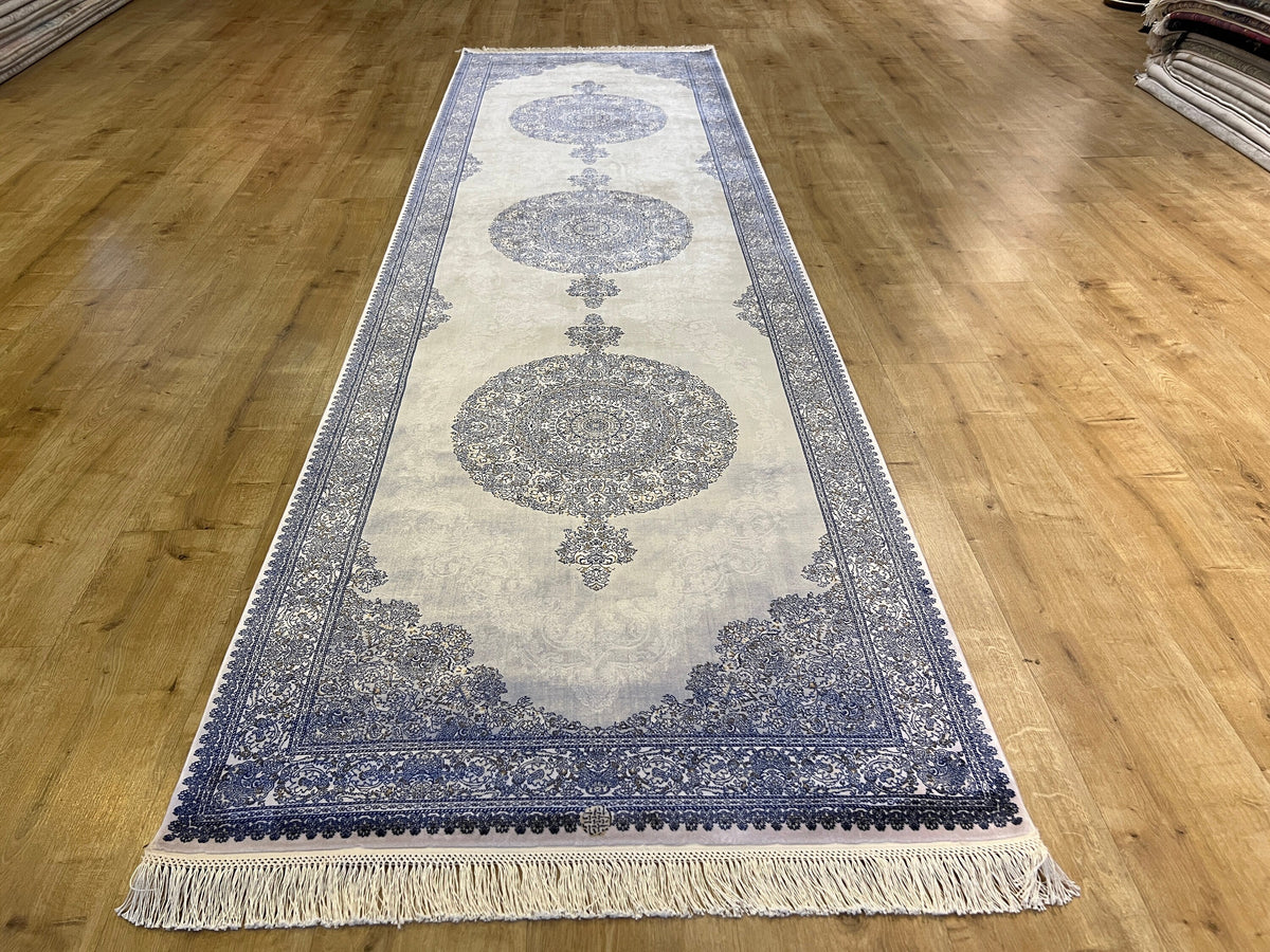 Gray Blue Medallion Silk Runner Rug, 3x10 ft, Classic Luxury Hallway Rug