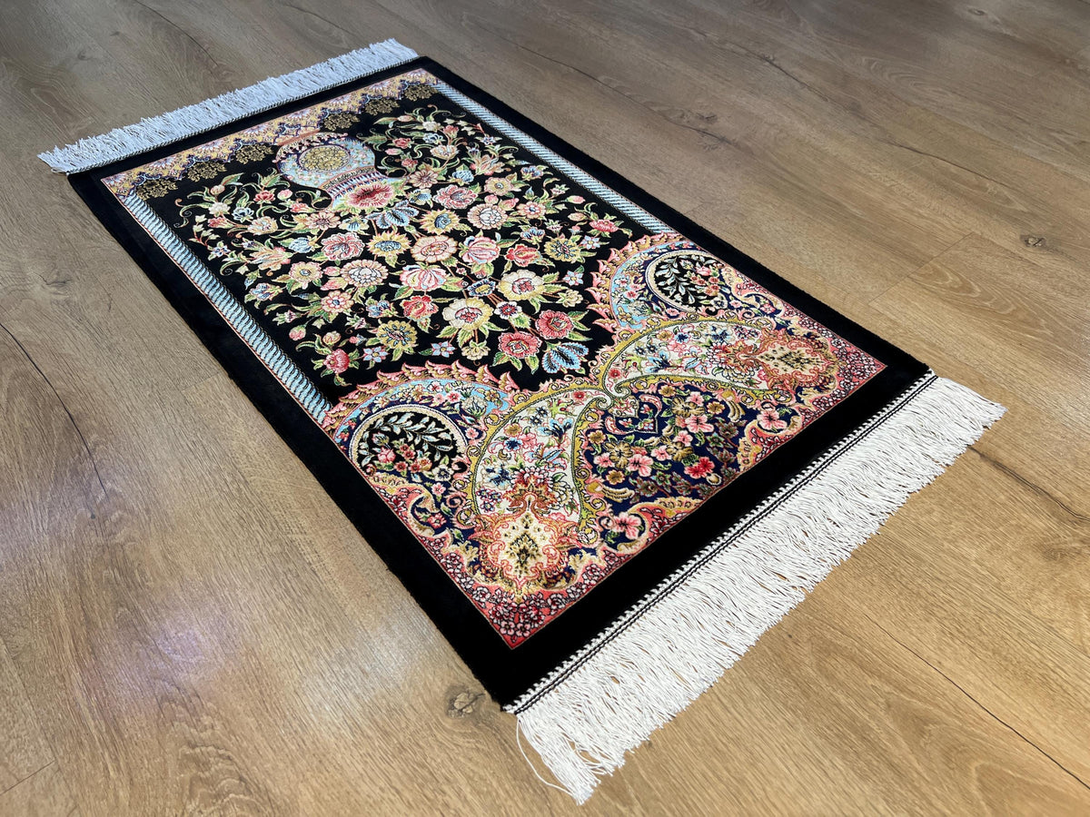 1.64x2.62 ft Black Floral Silk Tapestry Rug for Elegant Wall Decor