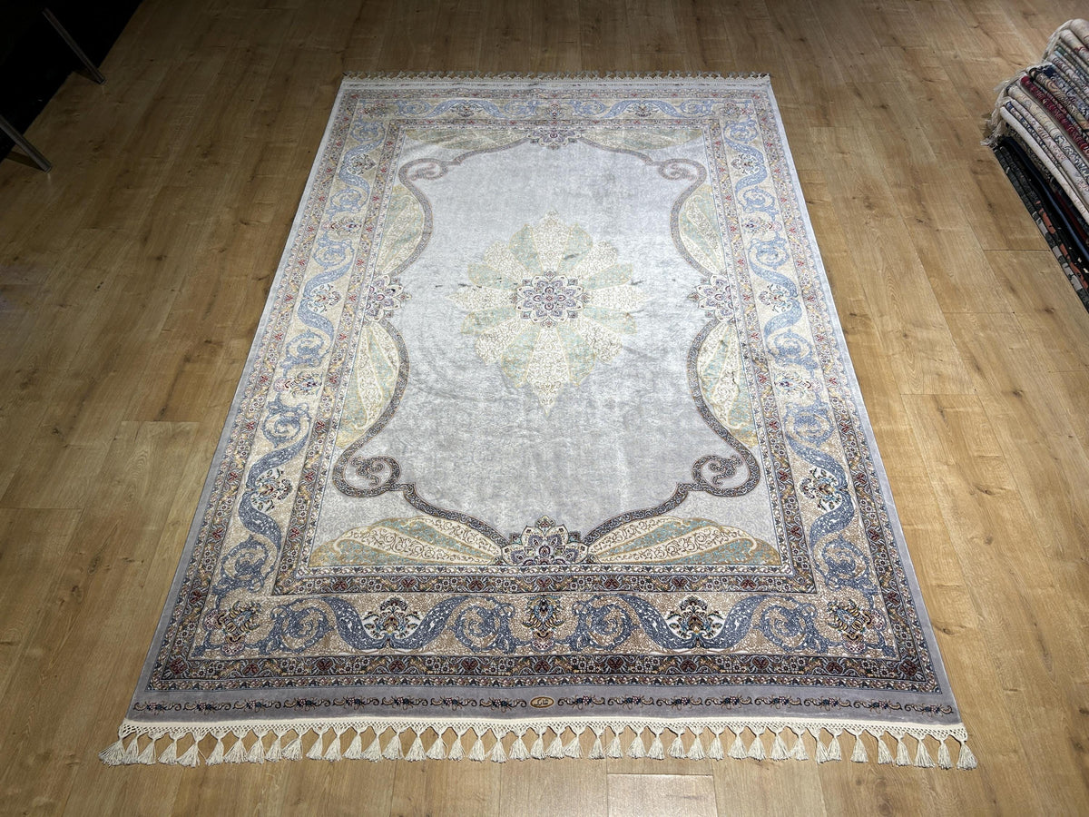 Gray Silk Rug, Gold Blue Medallion, Classic Traditional Style Carpet