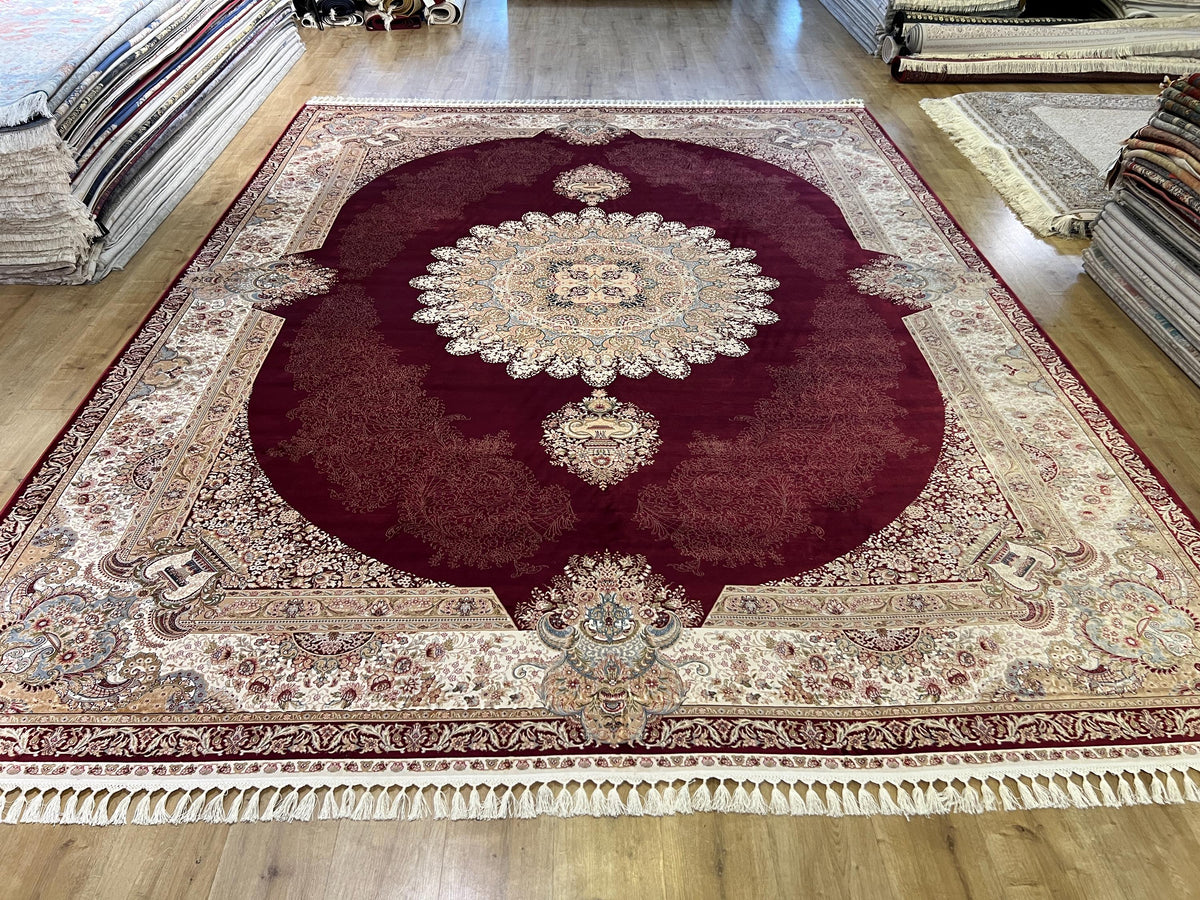 Red Bamboo Silk Rug 10x13 ft, Large Luxury Area Rug with Medallion Design
