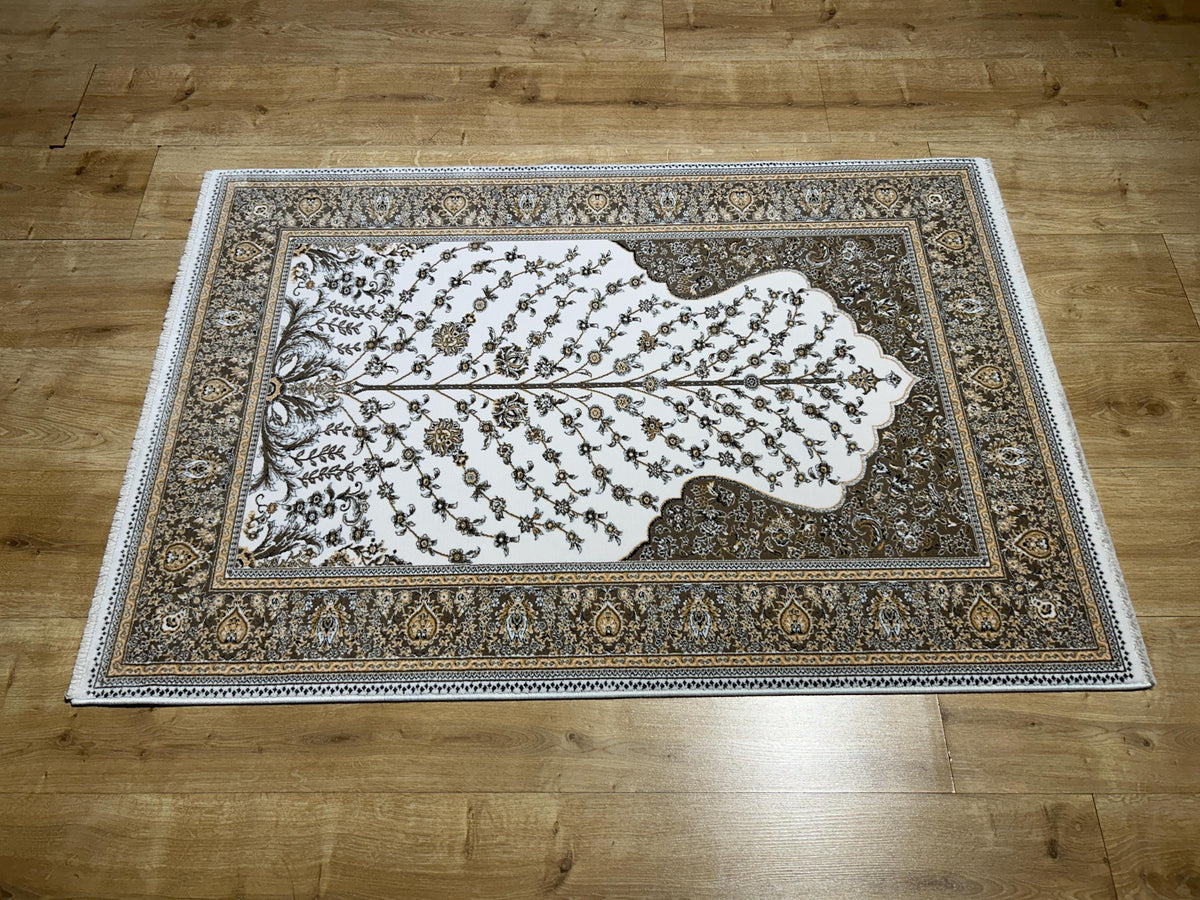 2.62x4 Ft Ivory Brown Floral Silk Prayer Rug, Muslim Gift Prayer Mat