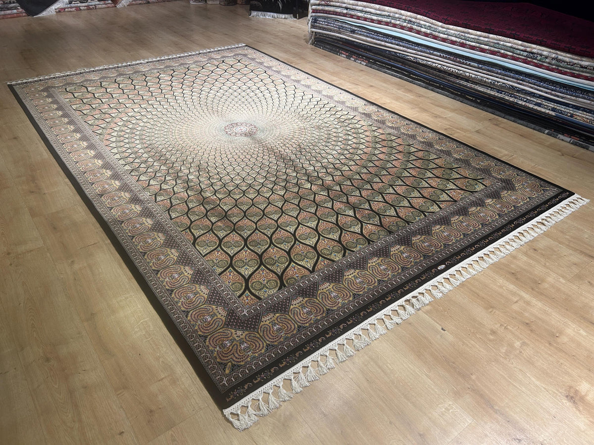 Gold Black Silk Rug, Medallion Peacock Tail Design Rug, Traditional Pattern Carpet