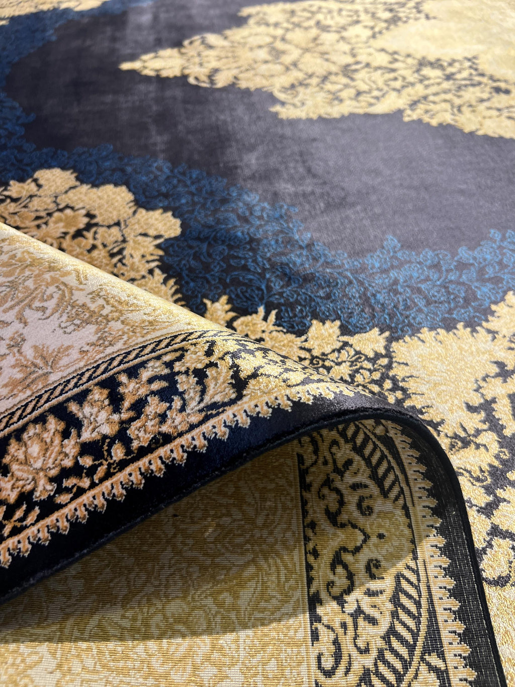 7x10 ft Navy Silk Rug, Gold Medallion and Border, Luxury Turkish Style