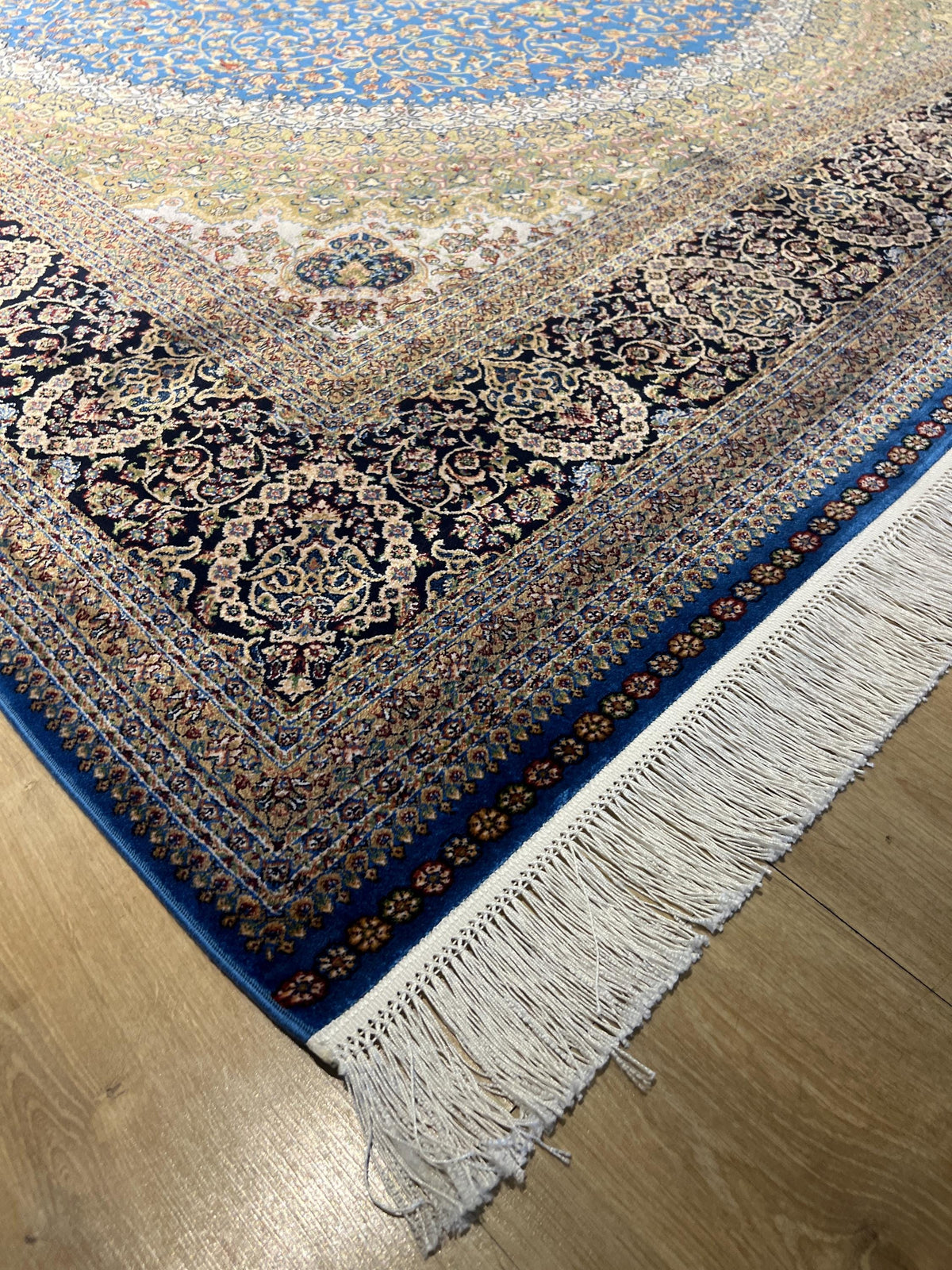 Blue Silk Rug 7x10 ft, Medallion Design Classic Turkish Carpet