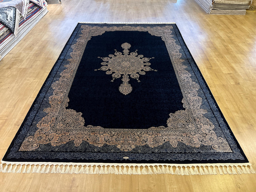 8x11 ft Navy Blue Modal Silk Rug, Traditional Style Carpet