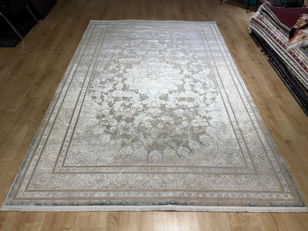 Beige Blue Silk Rug, Distressed Pattern Medallion Design, Classic Silk Carpet
