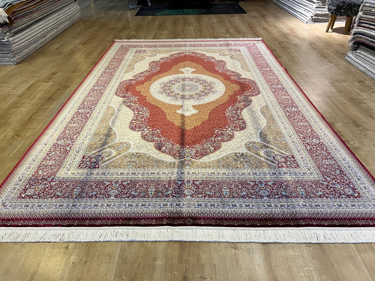 7x10 ft Red Modal Silk Rug, Ornate Medallion Floral Pattern, Luxury Turkish Large Carpet
